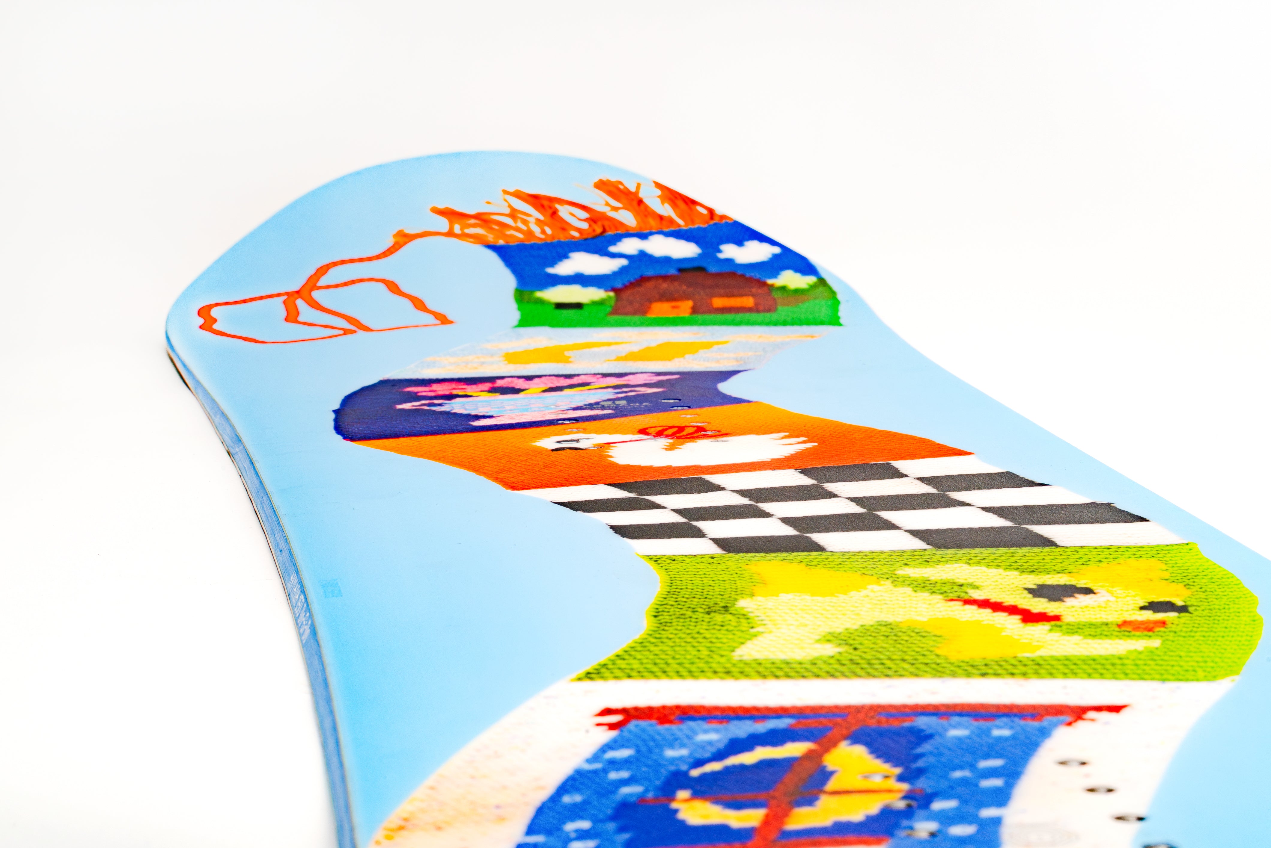 Light blue snowboard with colorful graphic panels and black checker stripe