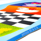 Snowboard deck with black checker stripe and bright orange graphic on light blue