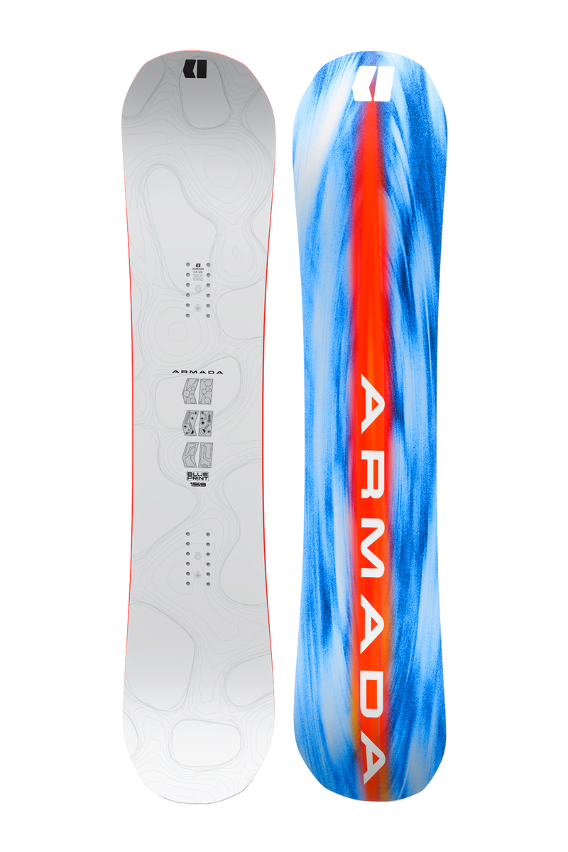 Pair of snowboards: white face and blue face with red vertical stripe