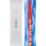 Pair of snowboards: white face and blue face with red vertical stripe