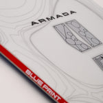 White snowboard top view with Armada text and red "BLUEPRINT" edge