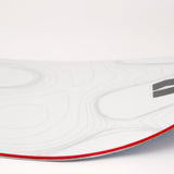 White snowboard with red edge stripe and black side logo