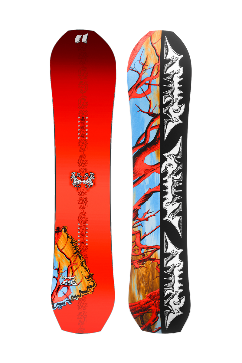 Two snowboards, red and black with colorful abstract side graphics