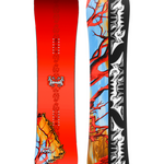 Two snowboards, red and black with colorful abstract side graphics