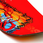 Red snowboard tip with colorful abstract artwork and orange highlights