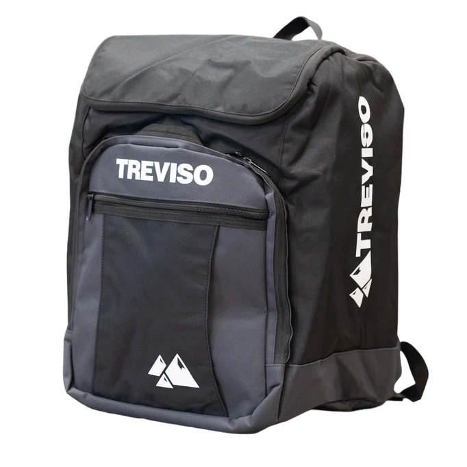 Treviso Ranger Mid Boot Bag 2024 - A black boot bag with a zippered front pocket and two adjustable shoulder straps, featuring the brand's logo in white on the side.