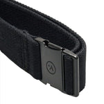 Side view of the black belt, highlighting the buckle in a latched position, showing the ARCADE logo.