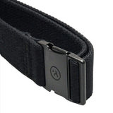 Side view of the black belt, highlighting the buckle in a latched position, showing the ARCADE logo.
