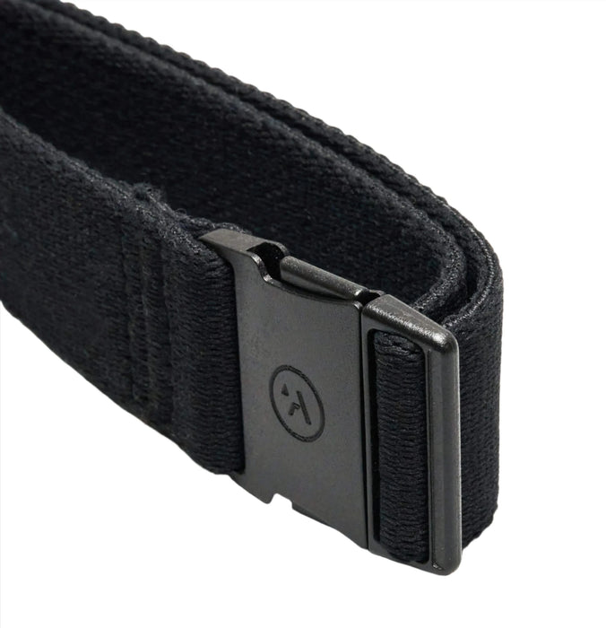 Side view of the black belt, highlighting the buckle in a latched position, showing the ARCADE logo.