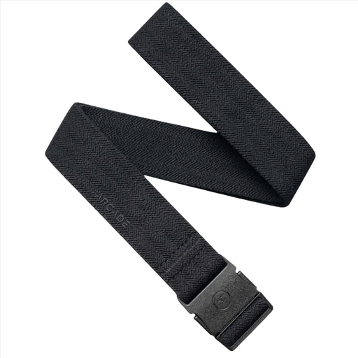 A solid black belt with a subtle herringbone pattern, featuring a black buckle. The belt has a small embossed "ARCADE" logo near the buckle. It is arranged neatly with the buckle prominently displayed.