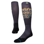 Raw Sb Sock 2022 - A pair of black socks with a yellow, orange, and red graphic on the top portion.