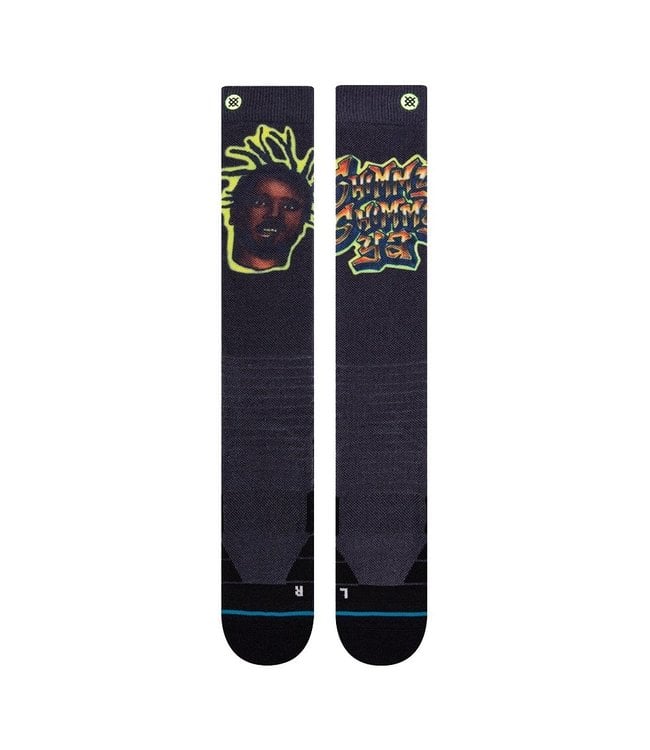 Raw Sb Sock 2022 - A pair of black socks with a yellow logo featuring the letters "SB" in bold, blocky font.