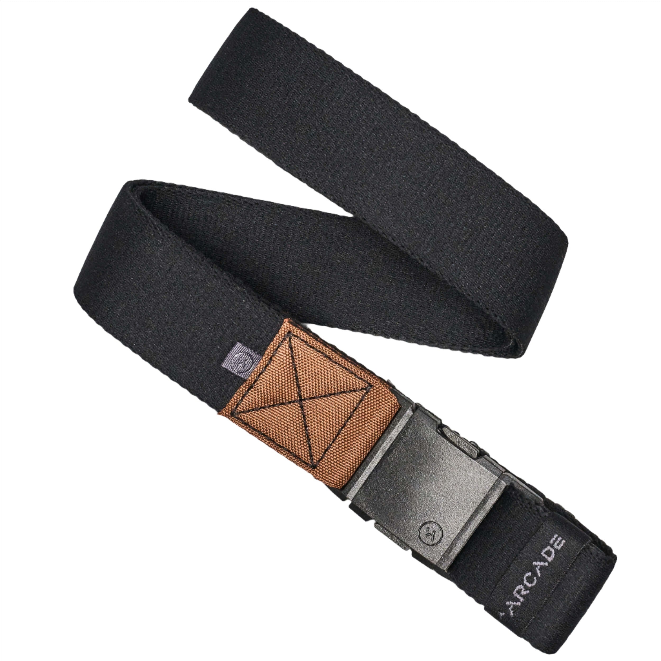 A black fabric belt with a brown rectangular patch near the buckle, folded in a crisscross pattern. The belt features a rectangular plastic buckle, and the word 'ARCADE' is visible near the end.