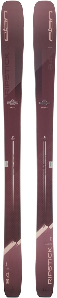 Elan Women's Ripstick 94 Skis 2023 - A pair of skis with a maroon-colored base and white lettering that reads "elan" on top.