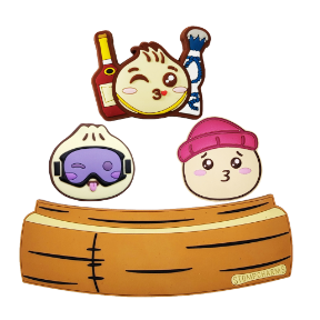 Stomp Charms Rizz Em Up Basket Combo Stomp Pad 2025 - A brown basket with a blue and white design on its side, containing two stomp pads.