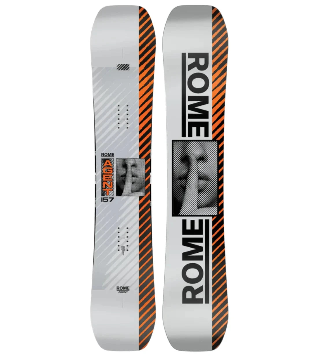 Rome Agent Snowboard 2025 - White snowboard with black diagonal stripes on top and bottom edges, featuring a small black logo near the tail.