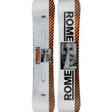 Rome Agent Snowboard 2025 - White snowboard with black diagonal stripes on top and bottom edges, featuring a small black logo near the tail.