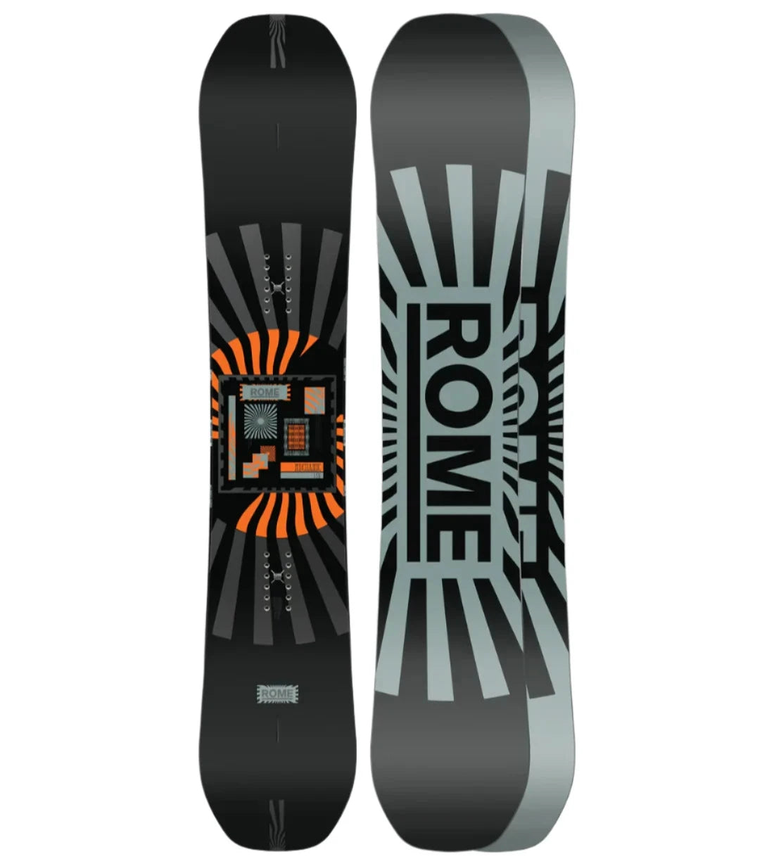 Rome Mechanic Snowboard 2025 - A black snowboard with an orange and gray geometric pattern on top of a black background.