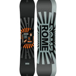 Rome Mechanic Snowboard 2025 - A black snowboard with an orange and gray geometric pattern on top of a black background.