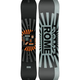 Rome Mechanic Snowboard 2025 - A black snowboard with an orange and gray geometric pattern on top of a black background.