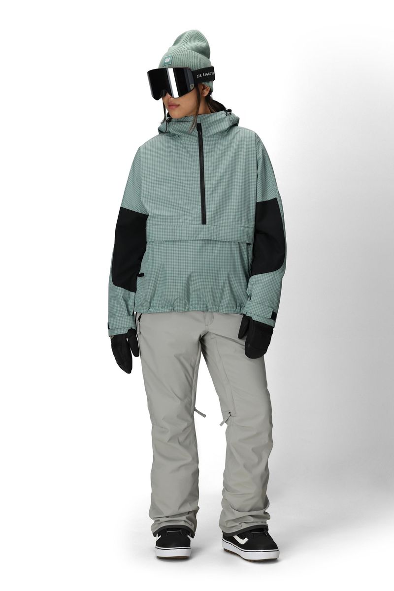 Light grey women's shell pants with zipper fly and straight fit