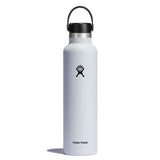 Hydro Flask 24oz Standard Mouth Water Bottle - A white water bottle with a black lid and handle, featuring a small logo on the front.