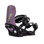 Arbor Junior's Sapling Snowboard Binding 2025 - A purple snowboard binding with a cartoon tiger design on its baseplate, featuring a red rose and green stem in its mouth.