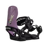 Arbor Junior's Sapling Snowboard Binding 2025 - A purple snowboard binding with a cartoon tiger design on its baseplate, featuring a red rose and green stem in its mouth.