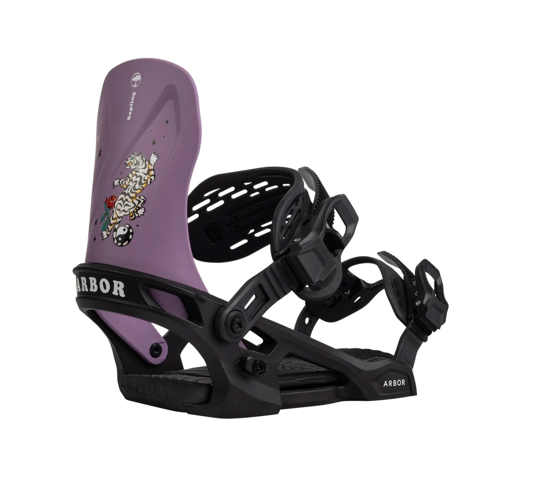 Arbor Junior's Sapling Snowboard Binding 2025 - A purple snowboard binding with a cartoon tiger design on its baseplate, featuring a red rose and green stem in its mouth.