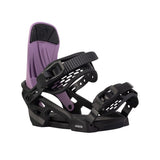 Arbor Junior's Sapling Snowboard Binding - A purple snowboard binding with a black strap and buckle, featuring a textured pattern on the strap.
