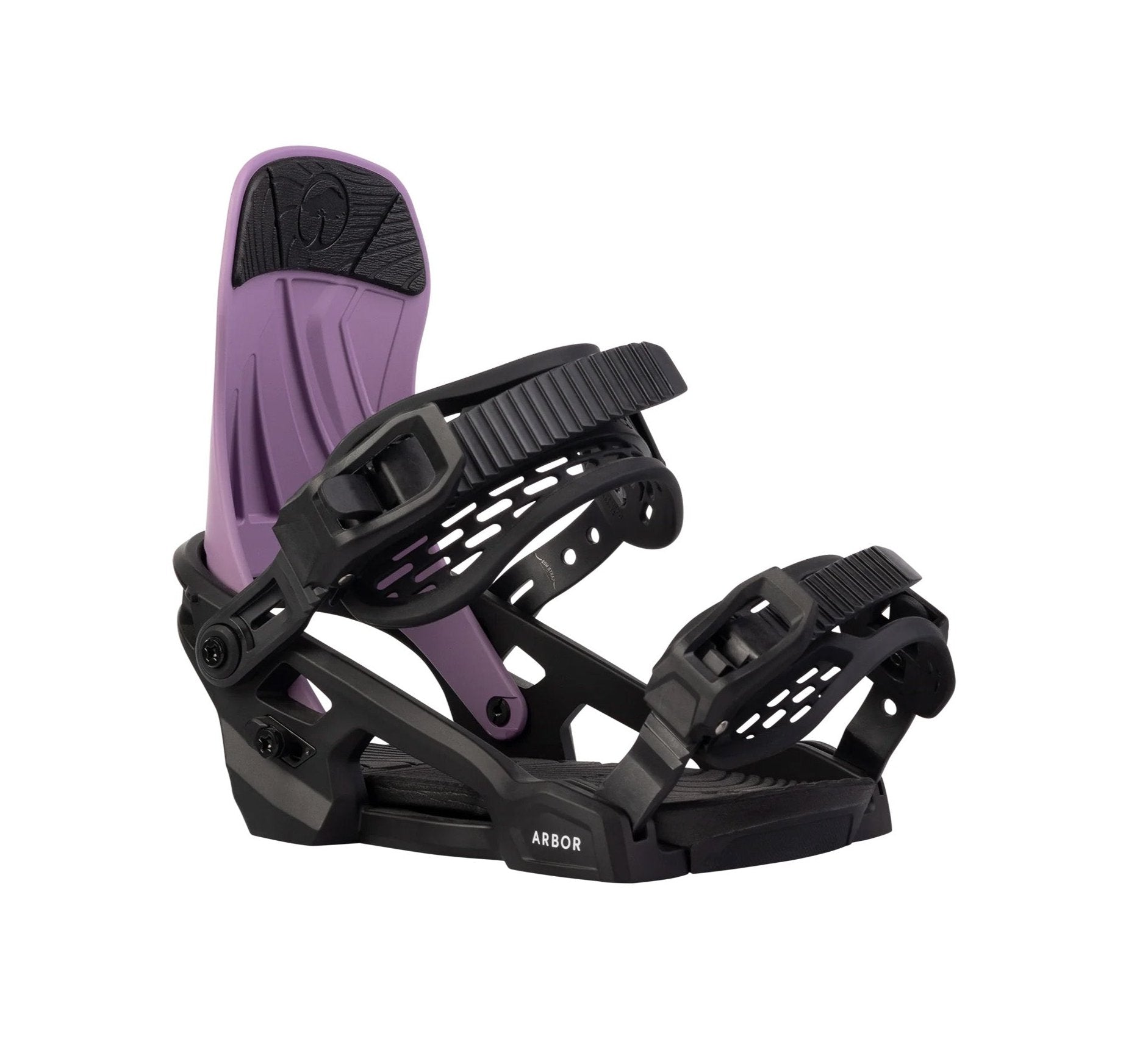 Arbor Junior's Sapling Snowboard Binding - A purple snowboard binding with a black strap and buckle, featuring a textured pattern on the strap.