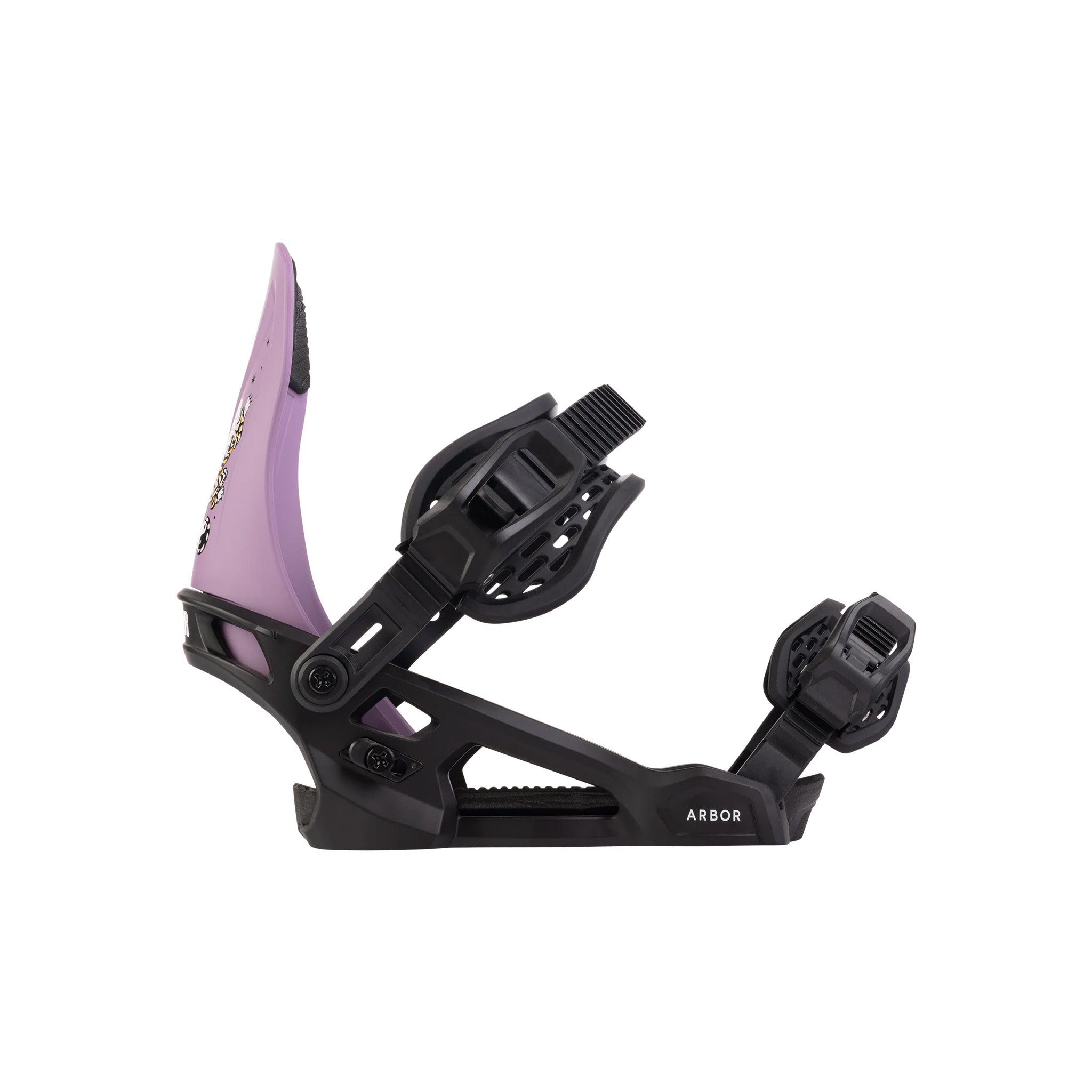 Arbor Junior's Sapling Snowboard Binding 2025 - A black snowboard binding with a purple graphic on the strap and baseplate.