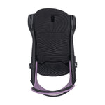 Arbor Junior's Sapling Snowboard Binding - A black snowboard binding with a purple strap and a small circular logo on top.