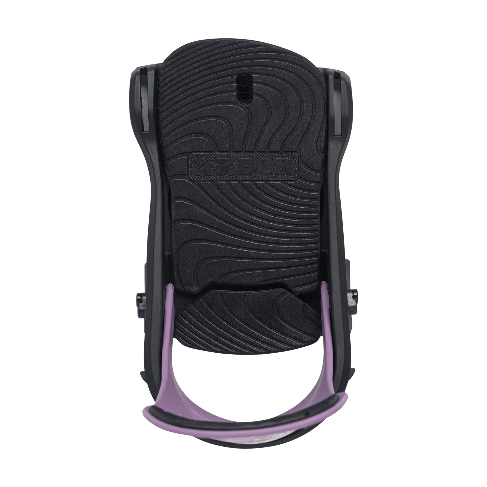 Arbor Junior's Sapling Snowboard Binding - A black snowboard binding with a purple strap and a small circular logo on top.