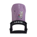 Arbor Junior's Sapling Snowboard Binding 2025 - A purple snowboard binding with a white tiger graphic and black straps.
