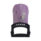Arbor Junior's Sapling Snowboard Binding 2025 - A purple snowboard binding with a white tiger graphic and black straps.