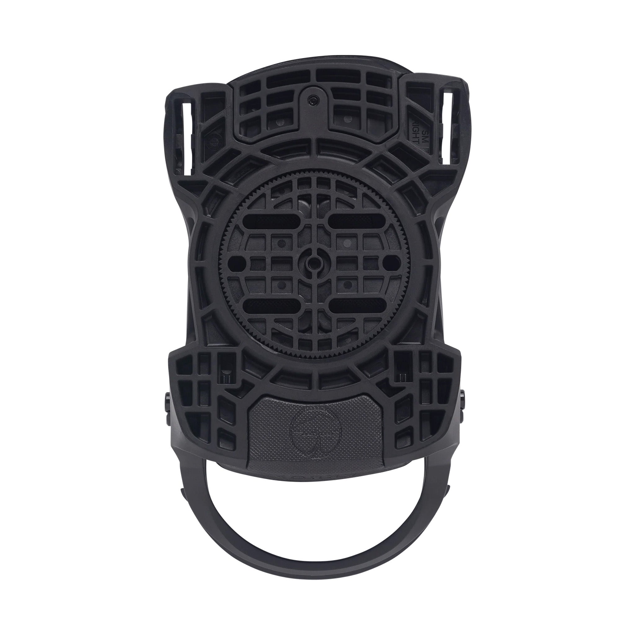 Arbor Junior's Sapling Snowboard Binding 2025 - A black snowboard binding with a circular baseplate and four straps, featuring a small logo on the top strap.