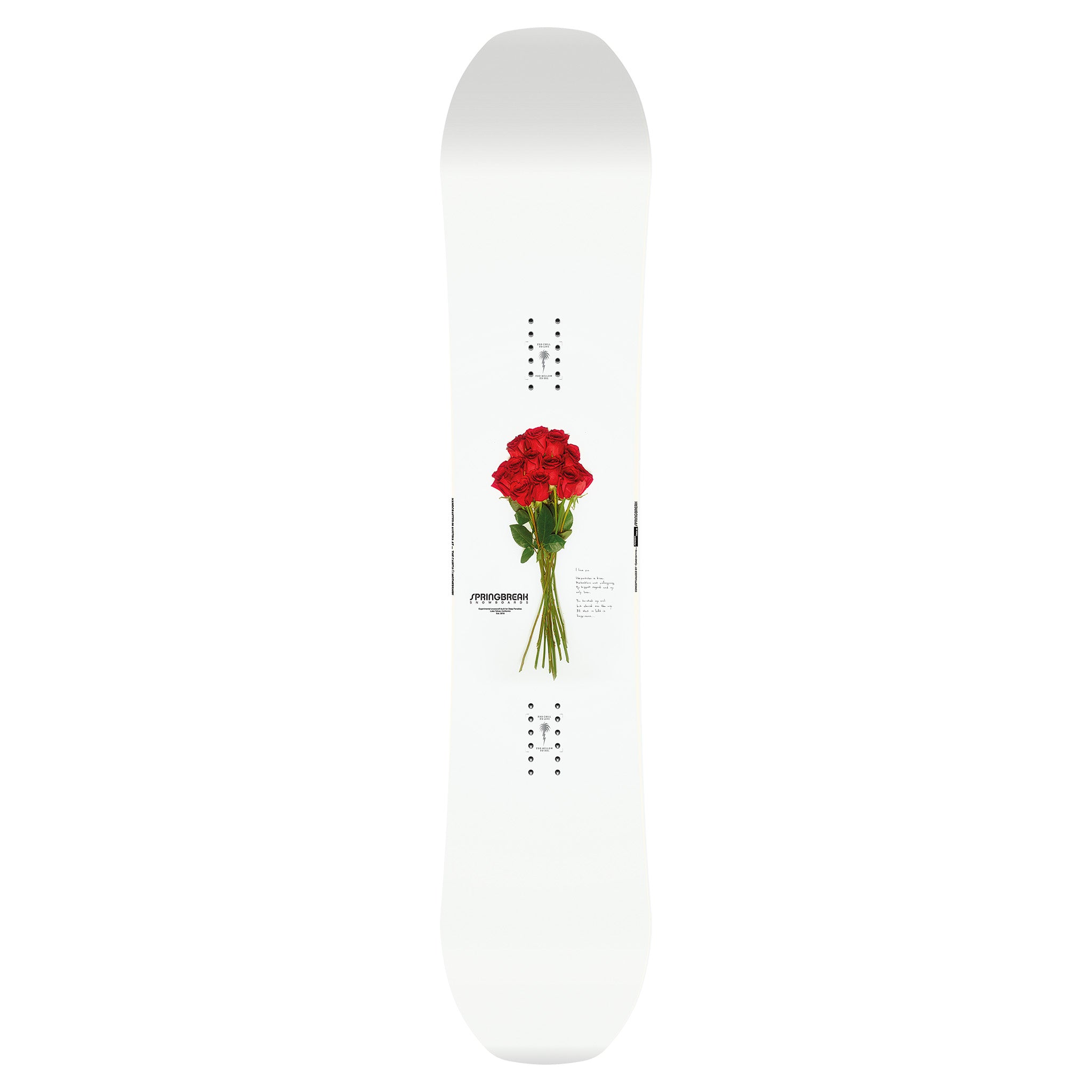 CAPiTA Spring Break Powder Twin Snowboard 2025 - A white snowboard with a bouquet of red roses printed on it.