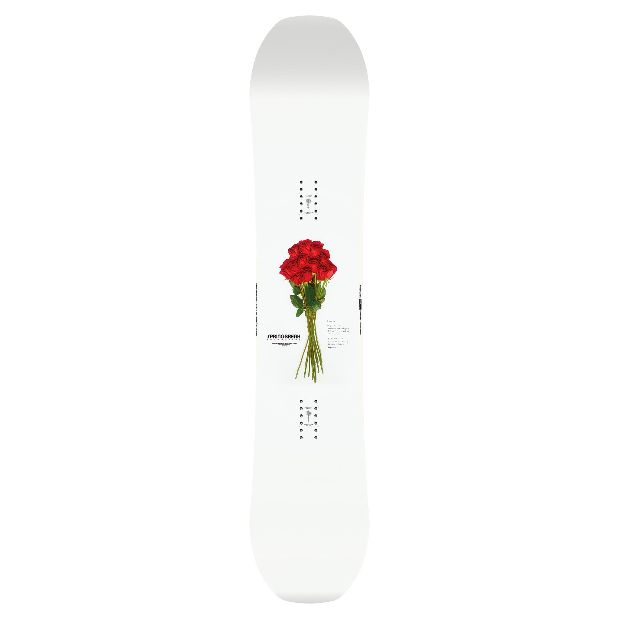 CAPiTA Spring Break Powder Twin Snowboard 2025 - A white snowboard with a bouquet of red roses printed on it.
