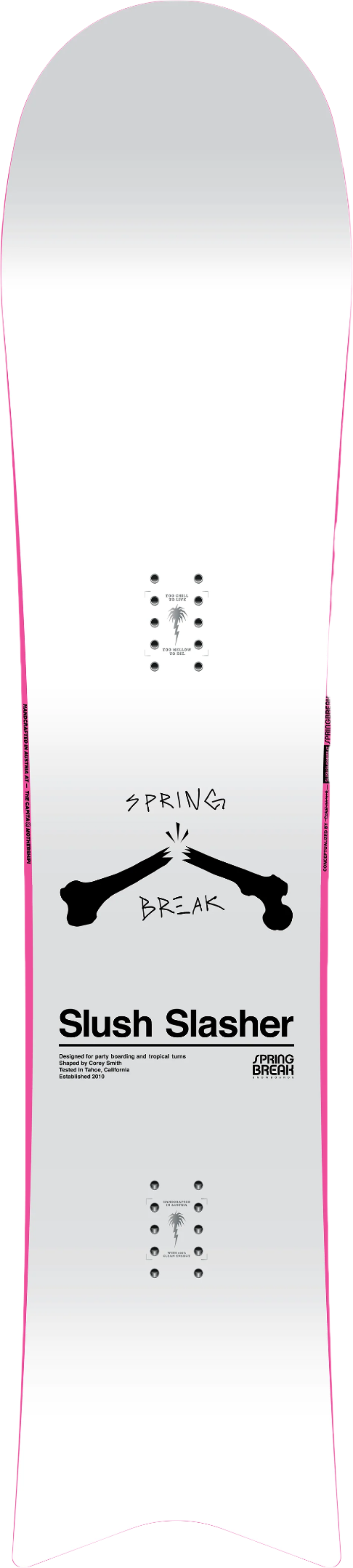 CAPiTA Spring Break Slush Slashers 2.0 Snowboard - White snowboard with black logo and text on top, featuring a palm tree graphic.