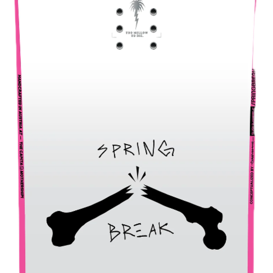 CAPiTA Spring Break Slush Slashers 2.0 Snowboard - White snowboard with black logo and text on top, featuring a palm tree graphic.