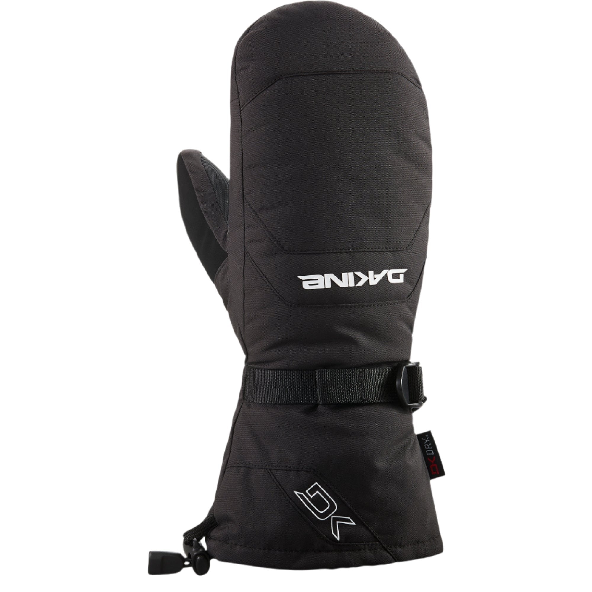 Dakine Scout Mitt 2025 - A black mitt with a white logo on the back of the hand and a strap closure at the wrist.