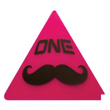 Oneball Mustache Triangle Scraper - A pink triangle with a black mustache and the word "ONE" in black letters.