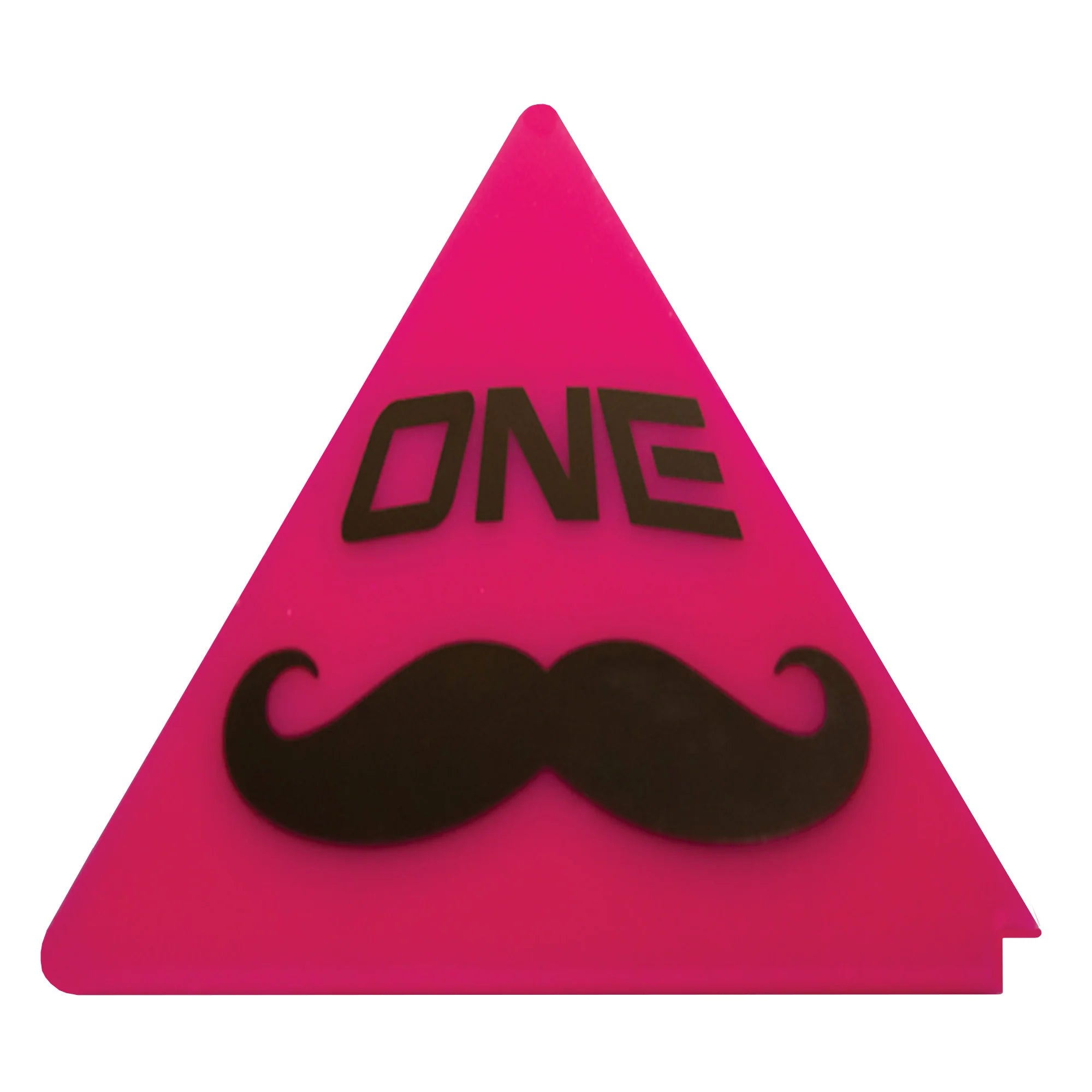 Oneball Mustache Triangle Scraper - A pink triangle with a black mustache and the word "ONE" in black letters.