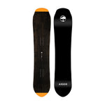 Arbor Single Camber Snowboard 2025 - A dark brown snowboard with a wood grain texture and orange tips at both ends.