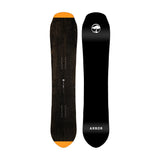 Arbor Single Camber Snowboard 2025 - A dark brown snowboard with a wood grain texture and orange tips at both ends.