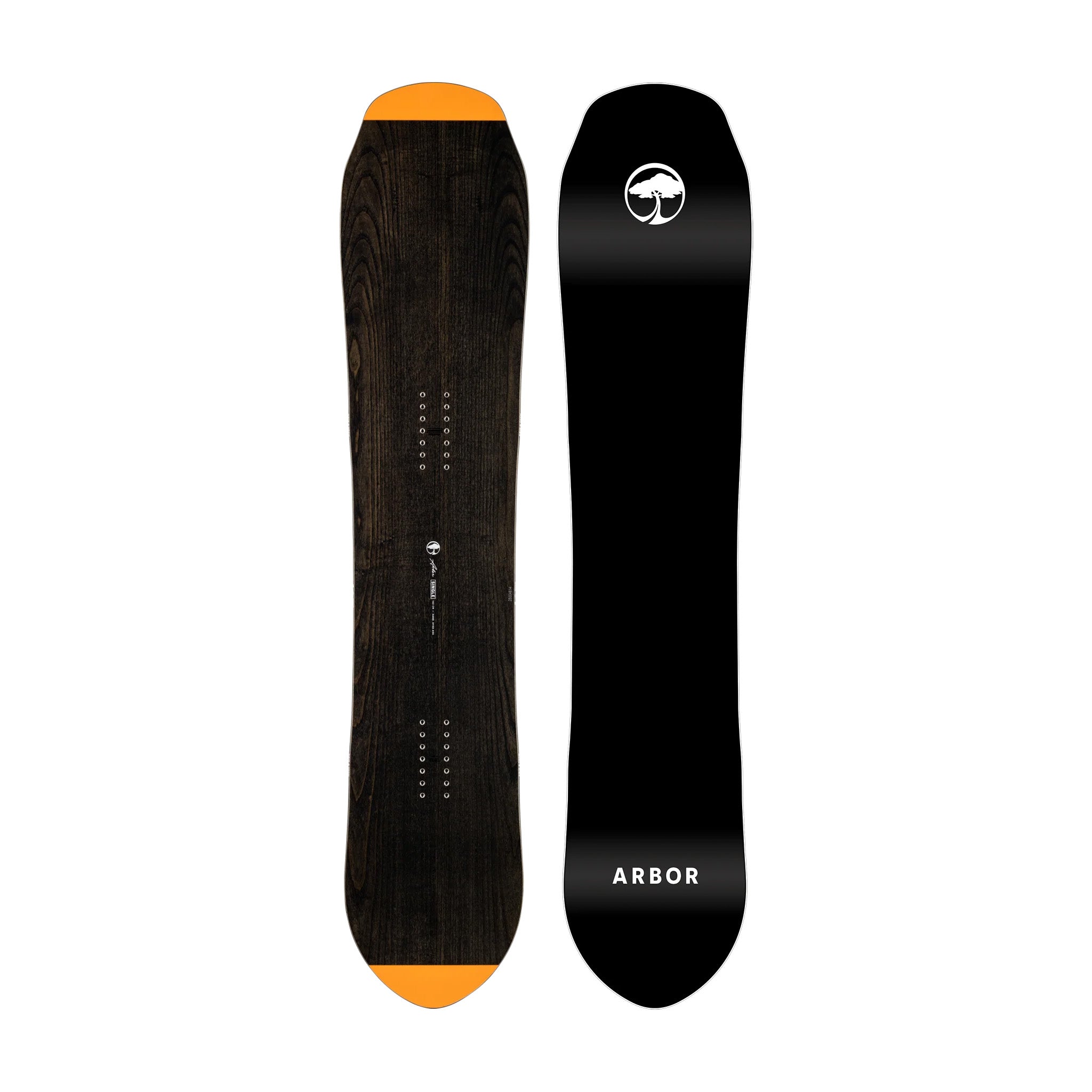 Arbor Single Camber Snowboard 2025 - A dark brown snowboard with a wood grain texture and orange tips at both ends.