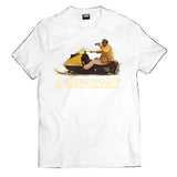 Spring Break Skidoo T-Shirt 2025 - A white t-shirt with a graphic of a man riding a skidoo on it.