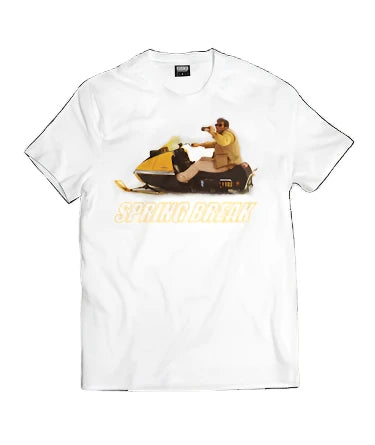 Spring Break Skidoo T-Shirt 2025 - A white t-shirt with a graphic of a man riding a skidoo on it.