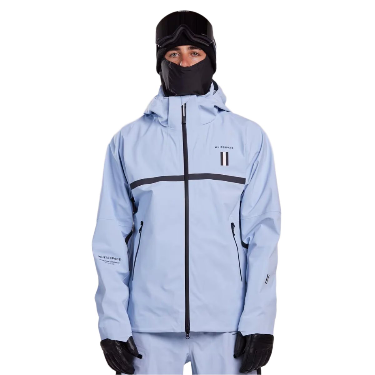 Whitespace 3L Performance Snowboard Jacket 2024 - A light blue snowboard jacket with a black zipper and two zippered pockets on either side.